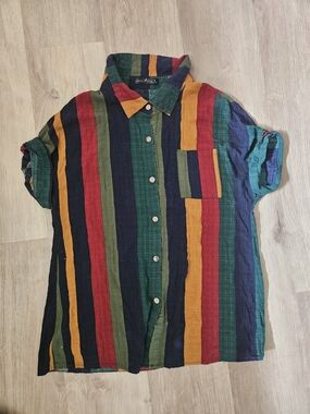 Emery Rose Striped Short-Sleeved Button-Up Shirt in Green, Navy, Red & Mustard